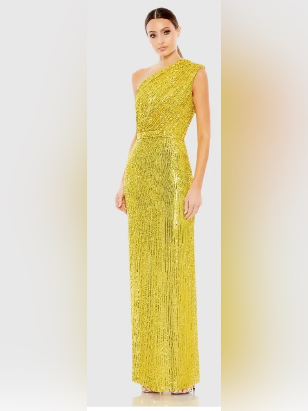 NWT Mac Duggal (26694) Sequined Ruched One-Shoulder Gown Yellow Maxi Size 2